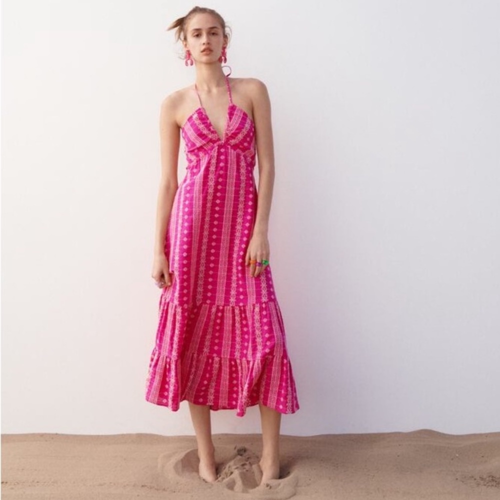 Zara limited edition openwork work embroidered cotton halter midi dress - Picture 2 of 16